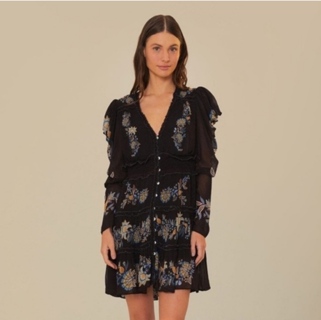 Farm Rio Garden Stitched Long Sleeve Mini Dress Women's Small Nwt Tropical